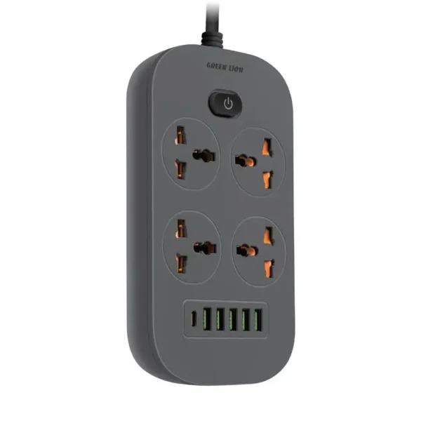 چندراهی برق گرین لاین با چهار ورودی برق ،پنج درگاه USB-A و یک درگاه USB-C با قابلیت شارژ سریع و کابل 2 متری