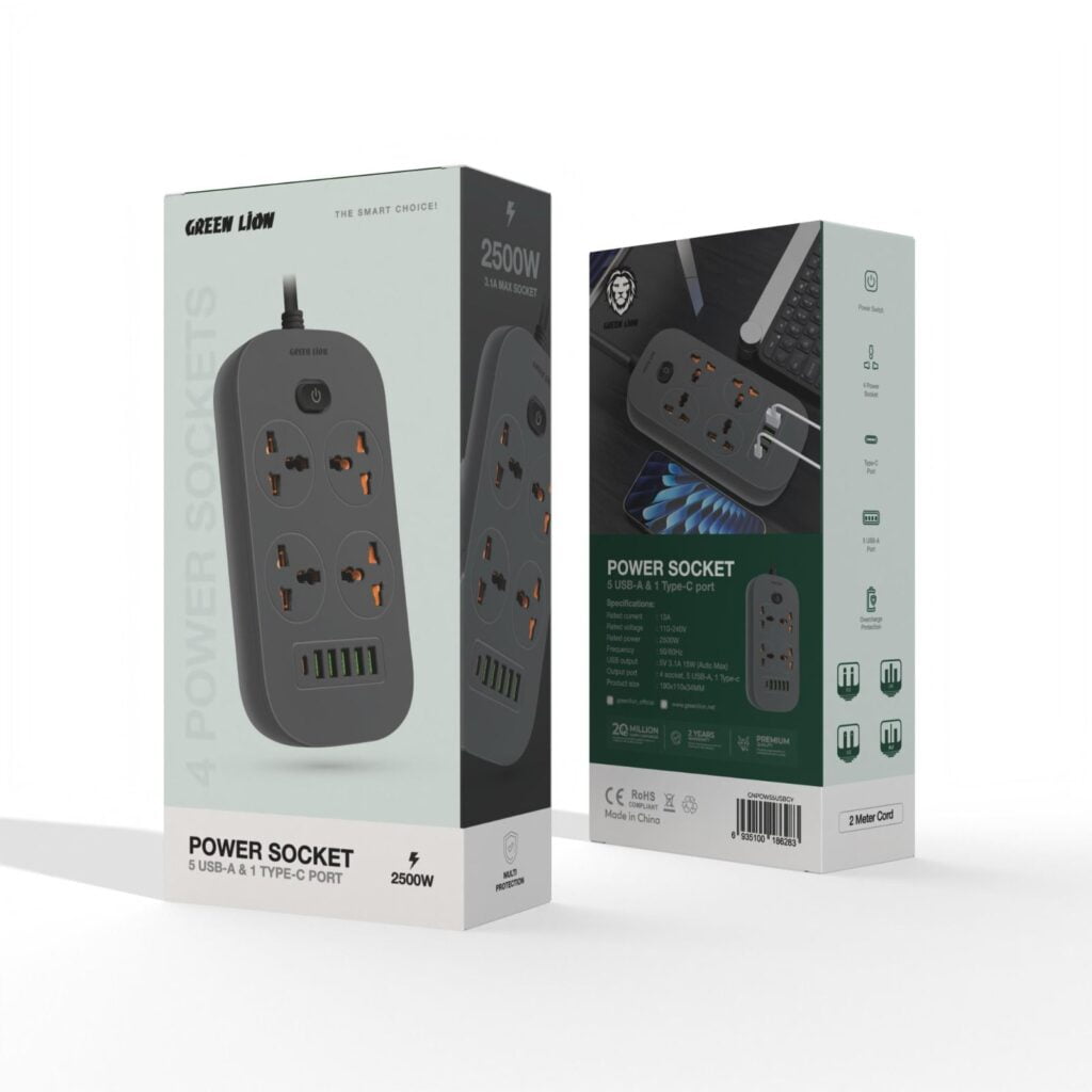 چندراهی برق گرین لاین با چهار ورودی برق ،پنج درگاه USB-A و یک درگاه USB-C با قابلیت شارژ سریع و کابل 2 متری