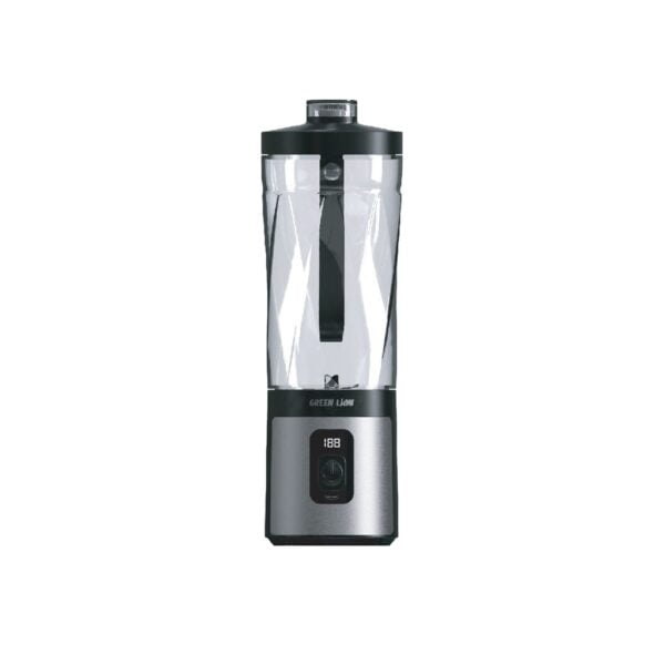 میکسر Green Lion Project Blender 600ml با طراحی مدرن و تیغه‌های شش‌گانه، نشان داده شده در حال آماده‌سازی نوشیدنی با ظرفیت 600 میلی‌لیتر و صفحه‌نمایش LED روشن، به همراه پورت شارژ Type-C و قابلیت خود تمیزشوندگی. طراحی قابل حمل و سبک آن برای استفاده در سفر، محل کار یا باشگاه مناسب است."