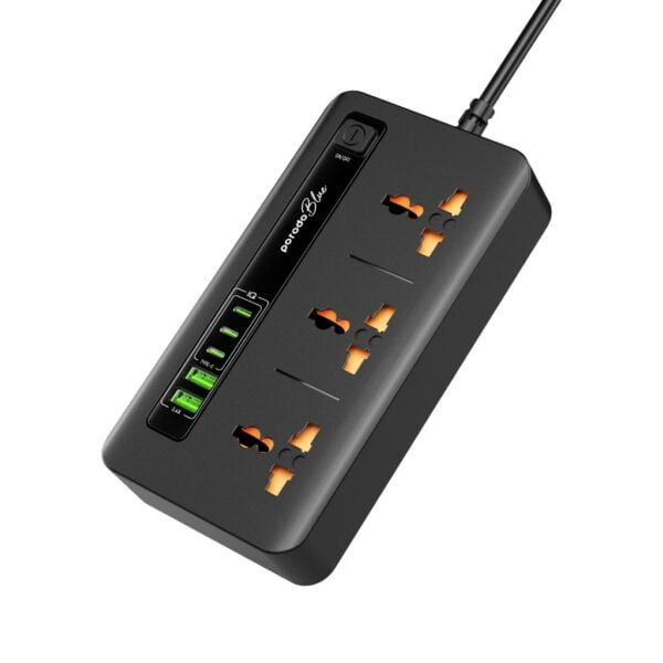 چندراهی پنج درگاه USB پرودو با سه پورت USB-C، دو پورت USB-A و سه سوکت برق جهانی، بدنه مقاوم در برابر آتش با توان خروجی 3000 وات.
