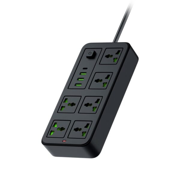 چندراهی برق شش تایی پرودو با ۶ سوکت و ۴ پورت USB، توان ۲۰۰۰ وات و کابل ۳ متر. طراحی کاربردی و مقاوم برای شارژ همزمان دستگاه‌ها.