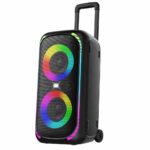 اسپیکر قابل حمل و مهمانی Porodo Soundtec Bash X با طراحی چرخ‌دار، دارای توان خروجی 640 وات، ضد آب با درجه IPX4، دارای بلوتوث V5.3، رادیو FM، پورت میکروفون، و قابلیت نورپردازی برای ایجاد فضای جشن و سرگرمی، با باتری 2500 میلی‌آمپر ساعت که تا 12 ساعت پخش مداوم را فراهم می‌کند. مناسب برای استفاده در فضای باز و رویدادهای بزرگ.
