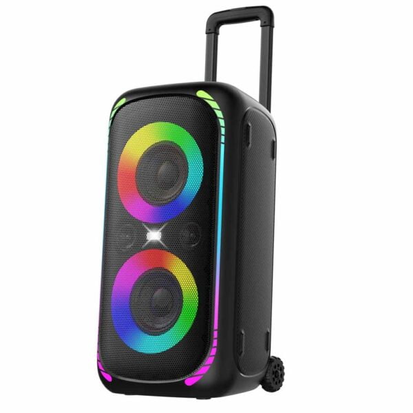 اسپیکر قابل حمل و مهمانی Porodo Soundtec Bash X با طراحی چرخ‌دار، دارای توان خروجی 640 وات، ضد آب با درجه IPX4، دارای بلوتوث V5.3، رادیو FM، پورت میکروفون، و قابلیت نورپردازی برای ایجاد فضای جشن و سرگرمی، با باتری 2500 میلی‌آمپر ساعت که تا 12 ساعت پخش مداوم را فراهم می‌کند. مناسب برای استفاده در فضای باز و رویدادهای بزرگ.
