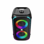 اسپیکر قابل حمل و مهمانی Porodo Soundtec Bash X با طراحی چرخ‌دار، دارای توان خروجی 640 وات، ضد آب با درجه IPX4، دارای بلوتوث V5.3، رادیو FM، پورت میکروفون، و قابلیت نورپردازی برای ایجاد فضای جشن و سرگرمی، با باتری 2500 میلی‌آمپر ساعت که تا 12 ساعت پخش مداوم را فراهم می‌کند. مناسب برای استفاده در فضای باز و رویدادهای بزرگ.