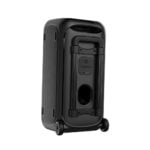 اسپیکر قابل حمل و مهمانی Porodo Soundtec Bash X با طراحی چرخ‌دار، دارای توان خروجی 640 وات، ضد آب با درجه IPX4، دارای بلوتوث V5.3، رادیو FM، پورت میکروفون، و قابلیت نورپردازی برای ایجاد فضای جشن و سرگرمی، با باتری 2500 میلی‌آمپر ساعت که تا 12 ساعت پخش مداوم را فراهم می‌کند. مناسب برای استفاده در فضای باز و رویدادهای بزرگ.