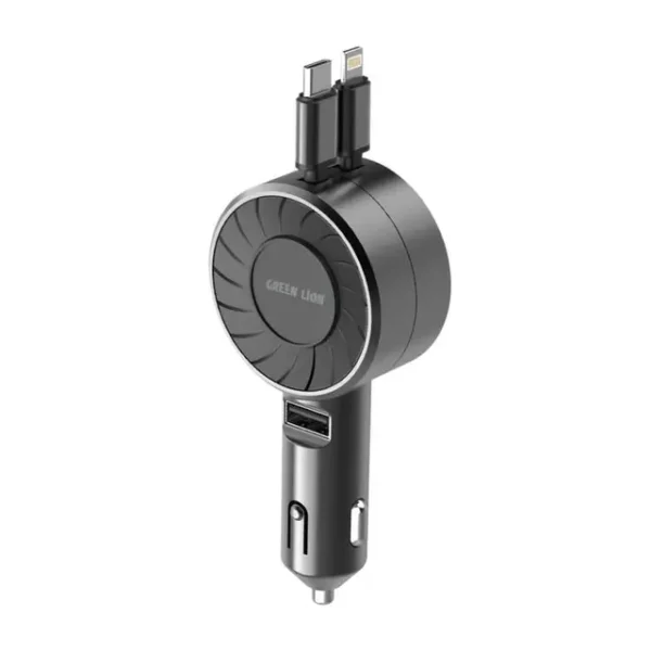 شارژ فندکی Greenlion TELESCOPIC 50W با دو کابل داخلی لایتنینگ و تایپ سی، و یک درگاه USB اضافی، ایده‌آل برای شارژ دستگاه‌های مختلف در خودرو.
