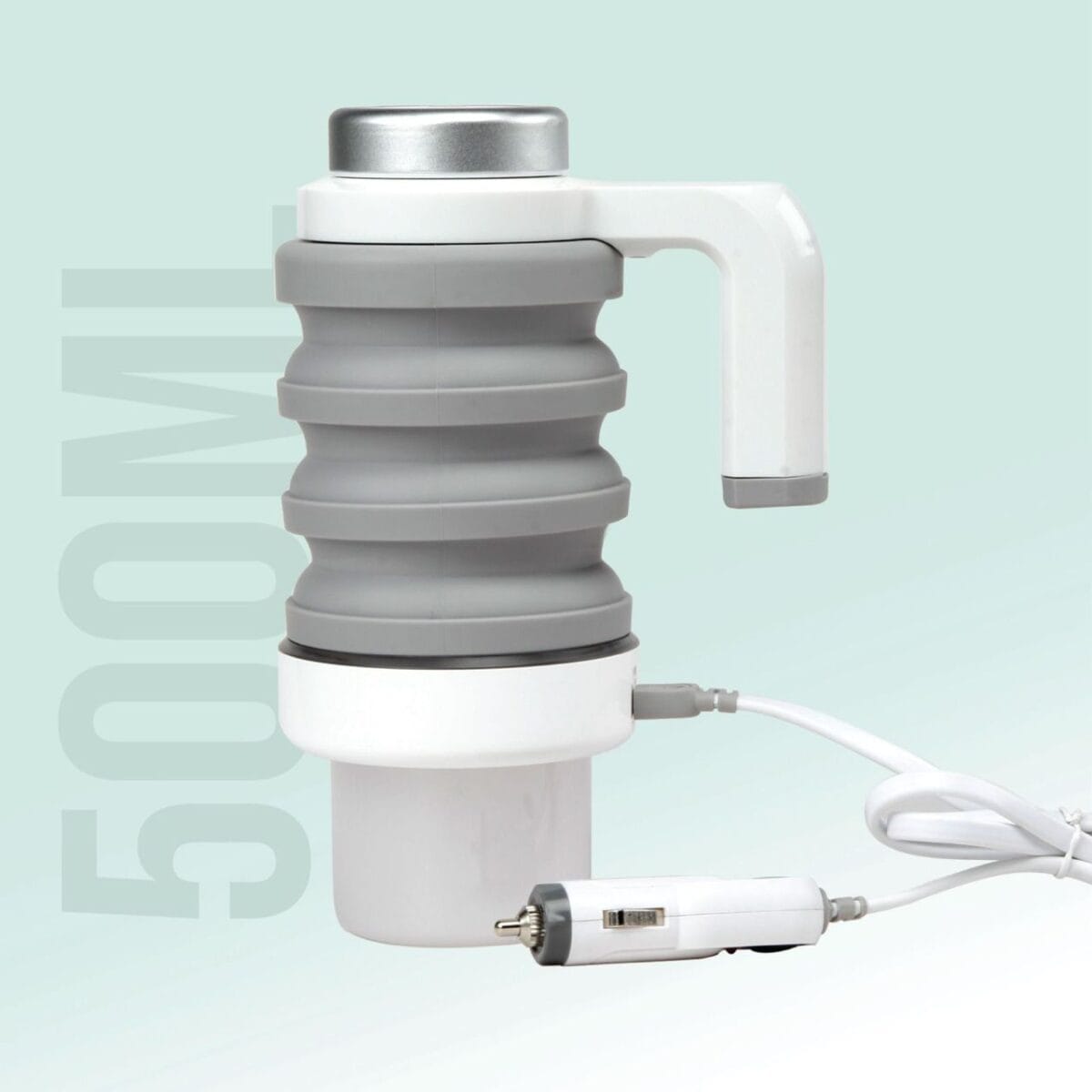 چای‌ساز مسافرتی Green Lion Car Folding Electric Kettle با طراحی تاشو و قابلیت اتصال به فندک خودرو، مناسب برای سفرهای جاده‌ای.
